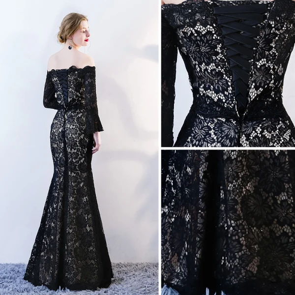 Chic / Beautiful Black Evening Dresses 2018 Trumpet / Mermaid Lace Flower Off-The-Shoulder Backless Long Sleeve Floor-Length / Long Formal Dresses