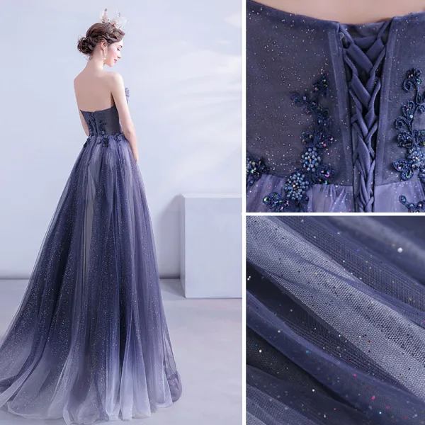 Charmant Marineblau Abendkleider 2020 A Linie Bandeau Perlenstickerei Pailletten Ärmellos Rückenfreies Lange Festliche Kleider