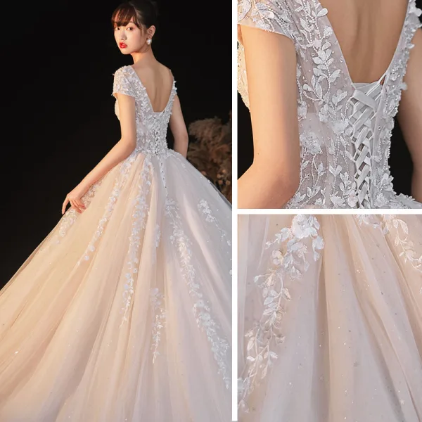 Charming Champagne Wedding Dresses 2020 Ball Gown See-through V-Neck Beading Star Sequins Lace Flower Short Sleeve Backless Royal Train