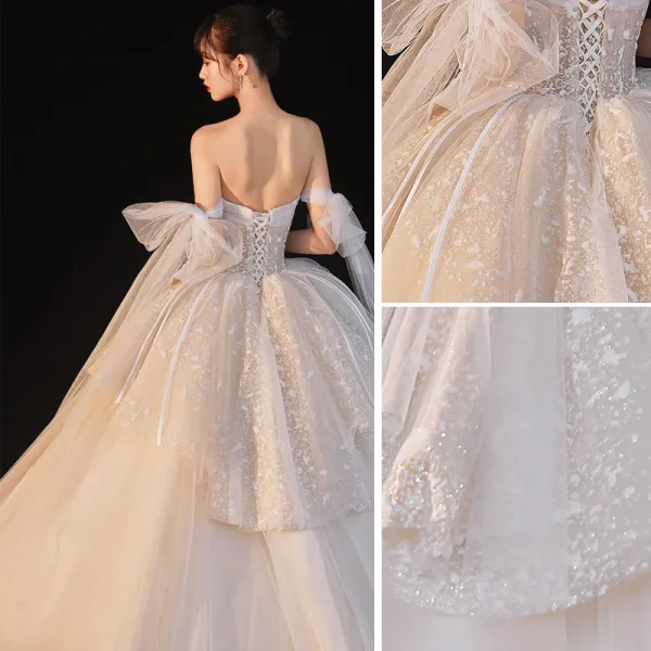 Luxury / Gorgeous Charming Champagne Wedding Dresses 2020 Ball Gown Beading Lace Sequins Strapless Sleeveless Backless Royal Train