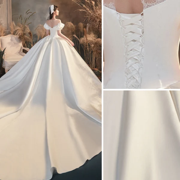 Luxury / Gorgeous Ivory Wedding Dresses 2020 Ball Gown Scoop Neck Beading Lace Short Sleeve Backless Royal Train