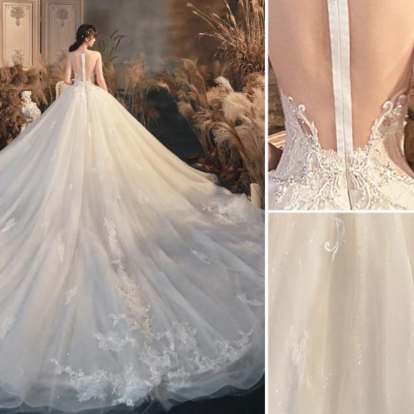Luxe Champagne Robe De Mariée 2020 Robe Boule Encolure Dégagée Perlage Faux Diamant Paillettes En Dentelle Fleur Manches Courtes Royal Train