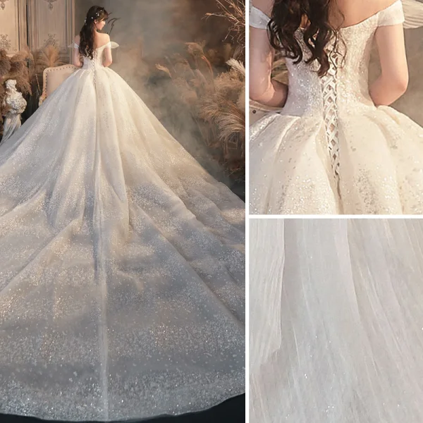 Luxe Champagne Robe De Mariée 2020 Robe Boule Volants Bustier En Dentelle Fleur Paillettes Sans Manches Dos Nu Royal Train