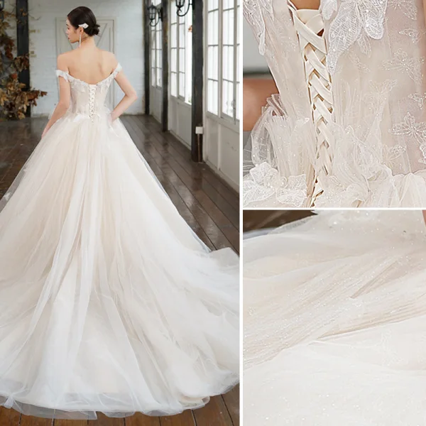 Luxury / Gorgeous Charming Champagne Wedding Dresses 2020 A-Line / Princess Ruffle Off-The-Shoulder Beading Backless Rhinestone Sequins Sleeveless Court Train