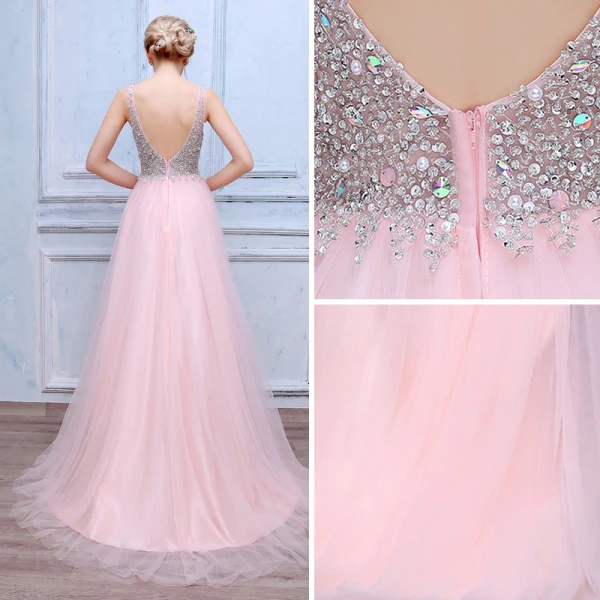 Élégant Rougissant Rose Robe De Bal 2018 Princesse Perlage Paillettes Cristal Perle V-Cou Dos Nu Sans Manches Longue Robe De Ceremonie