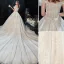 Luxury / Gorgeous Charming Champagne Wedding Dresses 2020 Ball Gown Ruffle Strapless Lace Sequins Short Sleeve Backless Royal Train