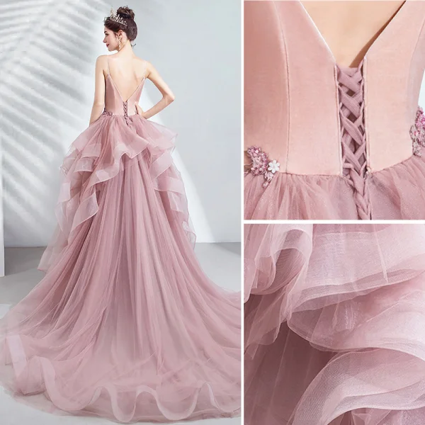 Chic / Beautiful Blushing Pink Cascading Ruffles Prom Dresses 2020 Ball Gown Spaghetti Straps Beading Lace Flower Sleeveless Backless Court Train Formal Dresses