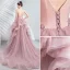 Chic / Beautiful Blushing Pink Cascading Ruffles Prom Dresses 2020 Ball Gown Spaghetti Straps Beading Lace Flower Sleeveless Backless Court Train Formal Dresses