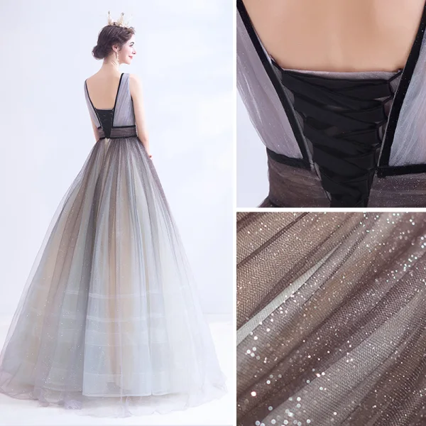 Sexy Silver Grey Evening Dresses 2020 A-Line / Princess Backless V-Neck Sleeveless Sequins Floor-Length / Long Formal Dresses