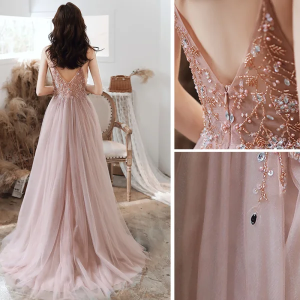 Sexy Rosa Ballkleider 2020 A Linie Spaghettiträger Perlenstickerei Strass Pailletten Ärmellos Rückenfreies Gespaltete Front Lange Festliche Kleider