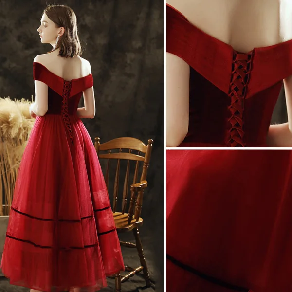 Élégant Bordeaux Daim de retour Robe De Graduation 2020 Princesse De l'épaule Sans Manches Dos Nu Thé Longueur Robe De Ceremonie