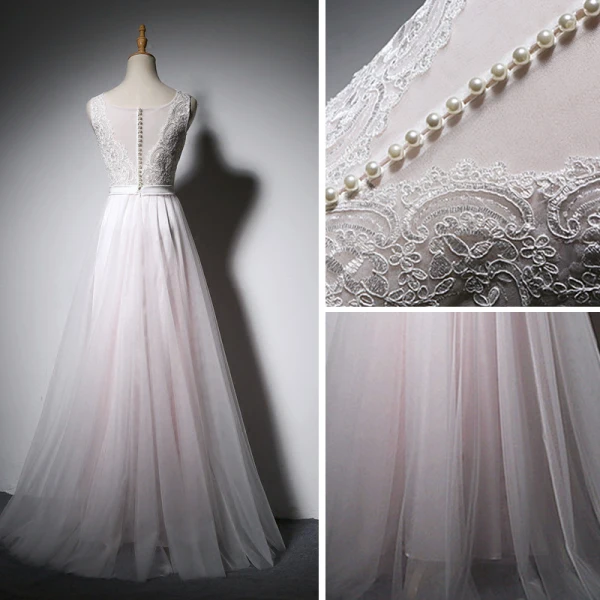 Elegant White Pearl Pink Evening Dresses A-Line / Princess 2018 Pearl Covered Button Lace Flower Sash Scoop Neck Sleeveless Floor-Length / Long Formal Dresses