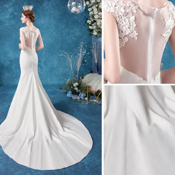 Affordable Ivory Wedding Dresses A-Line / Princess 2020 Scoop Neck Lace Flower Sleeveless Sweep Train