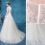 Affordable Ivory Wedding Dresses 2020 A-Line / Princess Scoop Neck Lace Flower Sleeveless Sweep Train