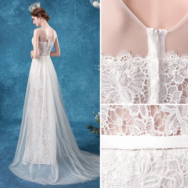 Illusion Abordable Ivoire Trompette / Sirène Robe De Mariée 2020 V-Cou En Dentelle Fleur Sans Manches Dos Nu Train De Balayage