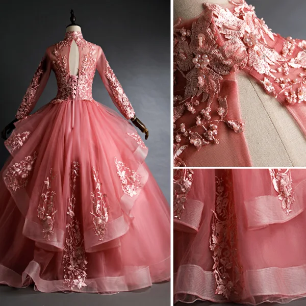 Chic / Belle Rose Bonbon Quinceañera Robe De Bal 2020 Robe Boule V-Cou Perlage Paillettes En Dentelle Fleur Manches Longues Dos Nu Longue Robe De Ceremonie
