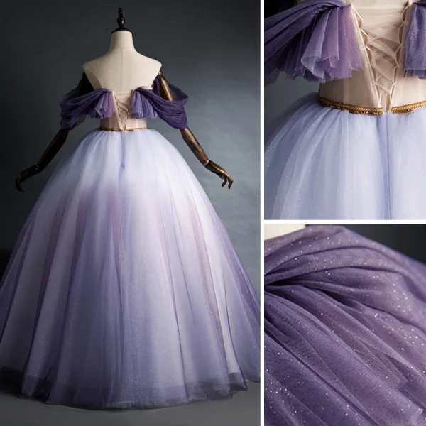 Elegant Purple Quinceañera Prom Dresses 2020 Ball Gown Off-The-Shoulder Glitter Beading Short Sleeve Backless Floor-Length / Long Formal Dresses