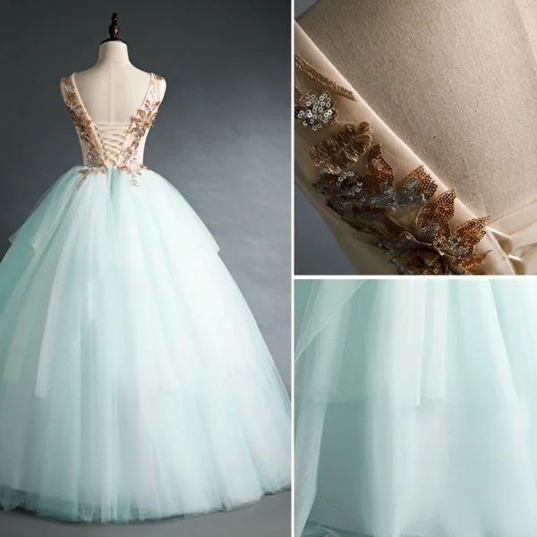 Elegant Mint Green Prom Dresses 2020 Ball Gown V-Neck Sequins Sleeveless Backless Floor-Length / Long Formal Dresses