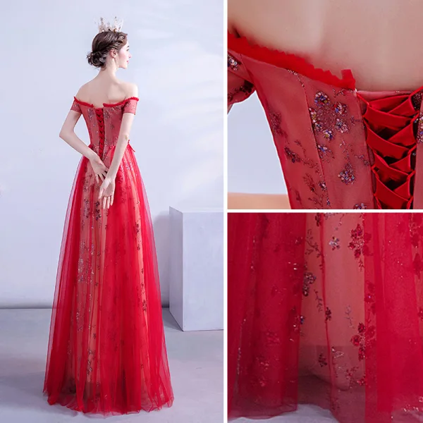 Charming Red Evening Dresses Crossed Straps A-Line / Princess Off-The-Shoulder Sequins Lace Flower Short Sleeve Backless Floor-Length / Long Formal Dresses