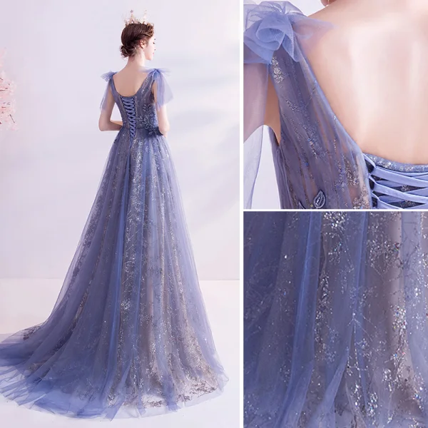 Charming Ocean Blue Evening Dresses 2020 A-Line / Princess V-Neck Beading Rhinestone Lace Flower Sleeveless Backless Floor-Length / Long Formal Dresses