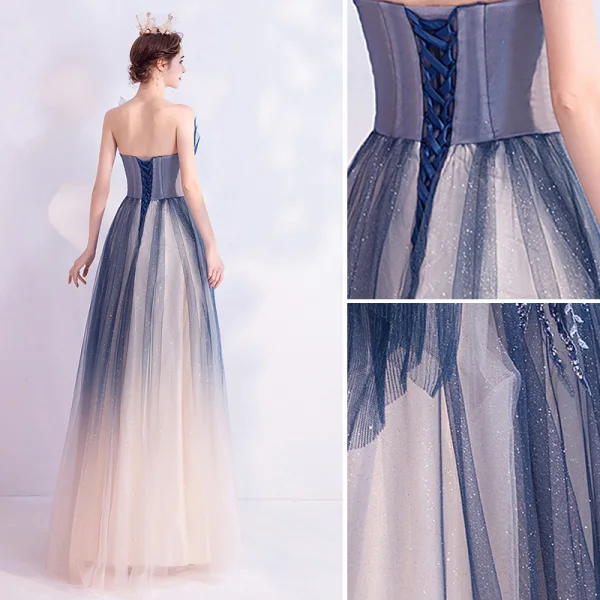 Schöne Marineblau Abendkleider 2020 A Linie Bandeau Perlenstickerei Pailletten Spitze Blumen Ärmellos Rückenfreies Lange Festliche Kleider