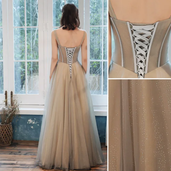 Élégant Champagne Robe De Soirée 2020 Princesse Encolure Carrée Perlage Paillettes Sans Manches Dos Nu Longue Robe De Ceremonie
