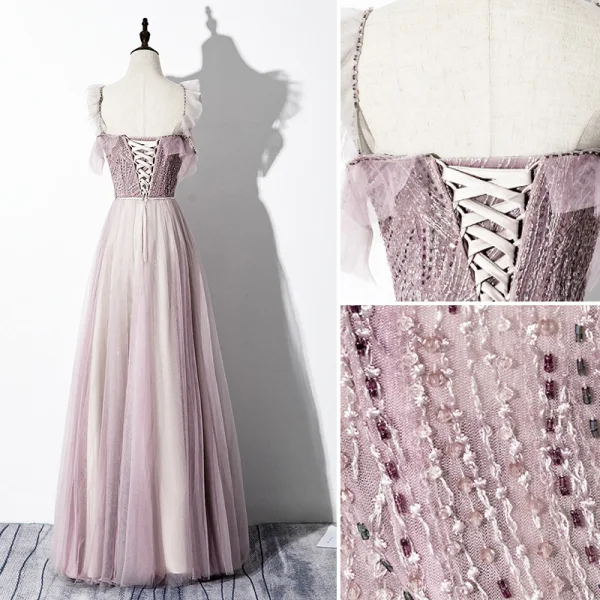Charmant Rougissant Rose Robe De Soirée 2020 Princesse V-Cou Perlage Paillettes Sans Manches Dos Nu Longue Robe De Ceremonie