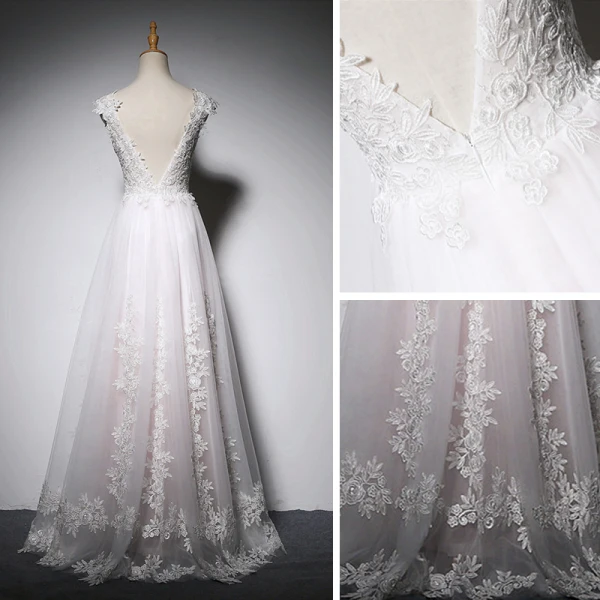 Élégant Blanche Perle Rose Robe De Soirée 2018 Princesse En Dentelle Appliques Encolure Dégagée Dos Nu Sans Manches Longue Robe De Ceremonie