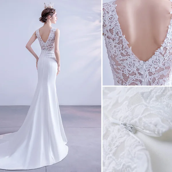 Affordable White Trumpet / Mermaid Wedding Dresses 2020 Scoop Neck Lace Flower Sleeveless Backless Sweep Train