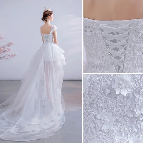 Charmant Haute Basse Blanche Asymétrique Robe De Mariée 2020 Princesse Encolure Carrée Perlage Perle Paillettes En Dentelle Fleur Sans Manches Dos Nu
