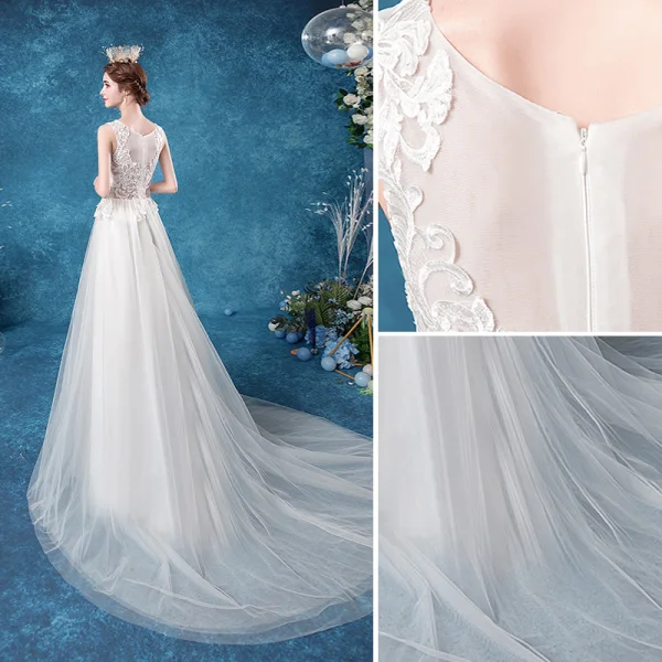 Élégant Ivoire Robe De Mariée 2020 Princesse V-Cou En Dentelle Fleur Sans Manches Dos Nu Train De Balayage