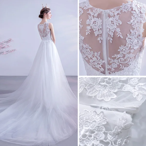 Élégant Ivoire Robe De Mariée 2020 Princesse Encolure Dégagée En Dentelle Fleur Sans Manches Tribunal Train