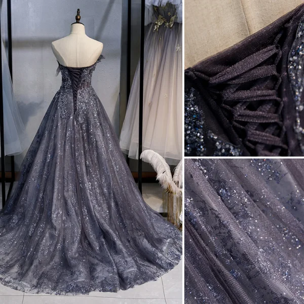 Glitzernden Charmant Marineblau Ballkleider 2020 A Linie Bandeau Perlenstickerei Pailletten Spitze Blumen Ärmellos Rückenfreies Sweep / Pinsel Zug Festliche Kleider