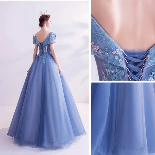 Flower Fairy Pool Blue Prom Dresses 2020 A-Line / Princess V-Neck Pearl Lace Flower Short Sleeve Backless Floor-Length / Long Formal Dresses