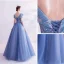 Flower Fairy Pool Blue Prom Dresses 2020 A-Line / Princess V-Neck Pearl Lace Flower Short Sleeve Backless Floor-Length / Long Formal Dresses