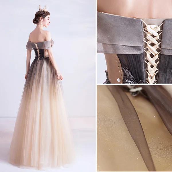 Élégant Chocolat Dégradé De Couleur Robe De Bal 2020 Princesse De l'épaule Perlage Paillettes Manches Courtes Dos Nu Longue Robe De Ceremonie