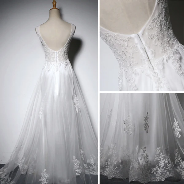 Elegant White Wedding Dresses 2018 A-Line / Princess Lace Appliques See-through Scoop Neck Backless Sleeveless Floor-Length / Long Wedding