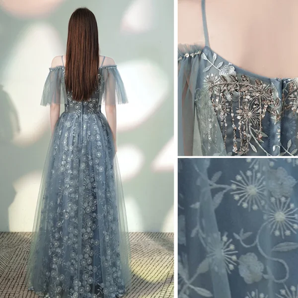 Charmant Himmelblau Grau Abendkleider 2020 Off Shoulder Perlenstickerei Pailletten Spitze Blumen Kurze Ärmel Rückenfreies Lange Festliche Kleider