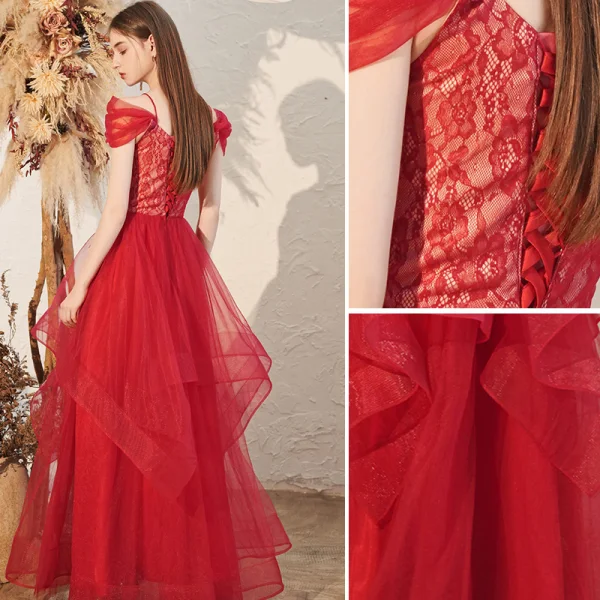 Charming Burgundy Evening Dresses 2020 A-Line / Princess Off-The-Shoulder Lace Short Sleeve Backless Cascading Ruffles Floor-Length / Long Formal Dresses