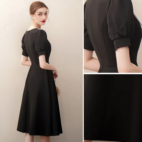 Elegant Black Satin Homecoming Graduation Dresses 2020 A-Line / Princess V-Neck Short Sleeve Knee-Length Formal Dresses