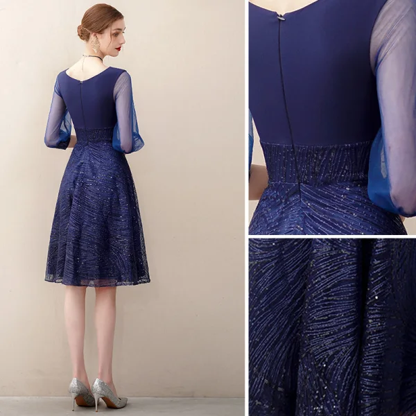 Chic / Beautiful Navy Blue Homecoming Sequins Graduation Dresses 2020 A-Line / Princess V-Neck 3/4 Sleeve Knee-Length Formal Dresses