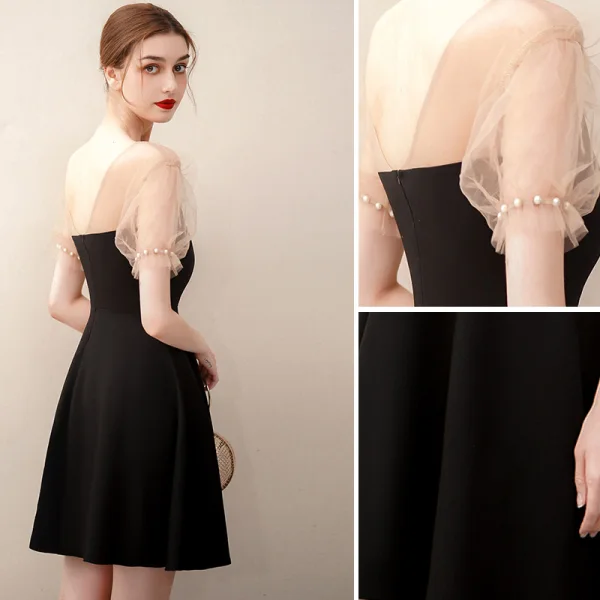 Chic / Beautiful Black Homecoming Short Graduation Dresses 2020 A-Line / Princess Square Neckline Pearl Short Sleeve Backless Formal Dresses