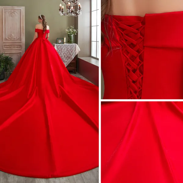 Luxury / Gorgeous Red Wedding Dresses 2020 Ball Gown Satin Off-The-Shoulder Sleeveless Backless Royal Train Wedding