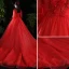 Schöne Rot Brautkleider / Hochzeitskleider 2020 A Linie Spitze Blumen Applikationen Pailletten Eckiger Ausschnitt 1/2 Ärmel Kathedrale Schleppe