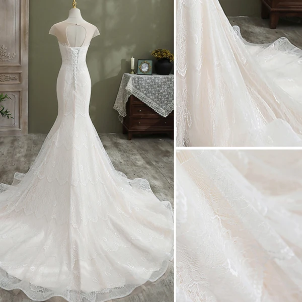Charming Ivory Trumpet / Mermaid Wedding Dresses 2021 Scoop Neck Lace Flower Short Sleeve Backless Chapel Train Wedding