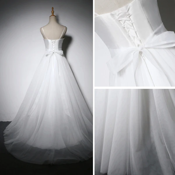Modest / Simple Ivory Wedding Dresses 2018 A-Line / Princess Bow Spaghetti Straps Backless Sleeveless Sweep Train Wedding