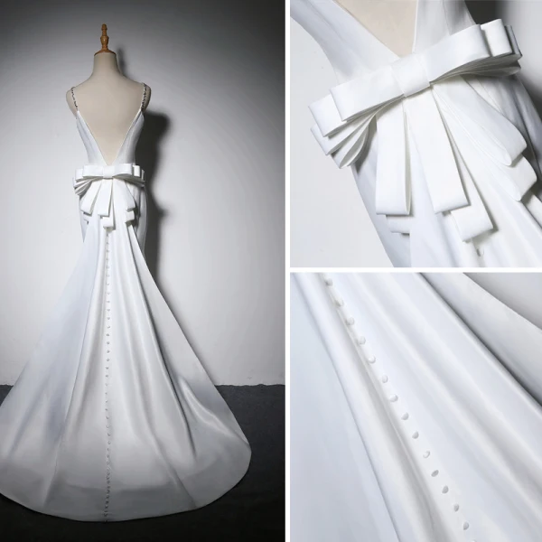 Elegante Ivory / Creme Abendkleider 2018 Mermaid Schleife Spaghettiträger Rückenfreies Ärmellos Sweep / Pinsel Zug Festliche Kleider