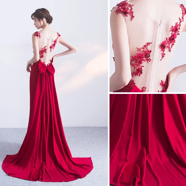Chic / Belle Bordeaux Robe De Soirée 2018 Trompette / Sirène En Dentelle Appliques Noeud Encolure Dégagée Sans Manches Train De Balayage Robe De Ceremonie