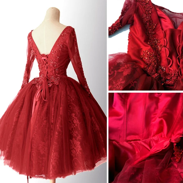 Schöne Burgunderrot Partykleider 2018 Ballkleid Mit Spitze Applikationen Perlenstickerei Kristall Rundhalsausschnitt Rückenfreies Lange Ärmel Kurze Festliche Kleider