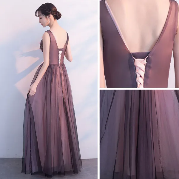 Elegant Black Prom Dresses 2018 A-Line / Princess Beading Appliques V-Neck Backless Sleeveless Floor-Length / Long Formal Dresses